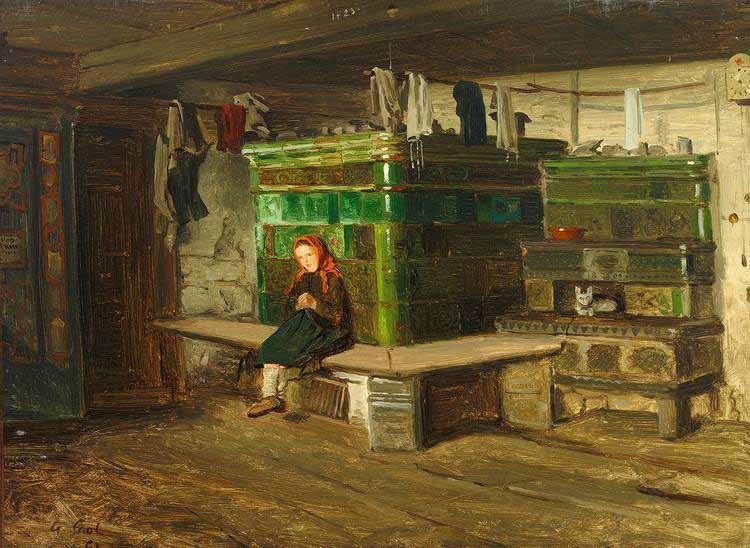 Georg Saal view into a Blackforest living room with small girl on the oven bench China oil painting art